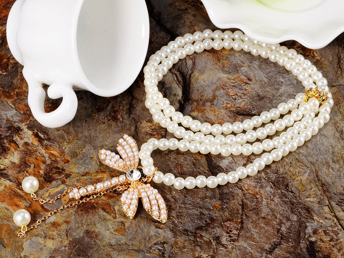 Pearl Like Beaded Cream Pastel Pink Dragonfly Insect Bridal Big Pendant Necklace