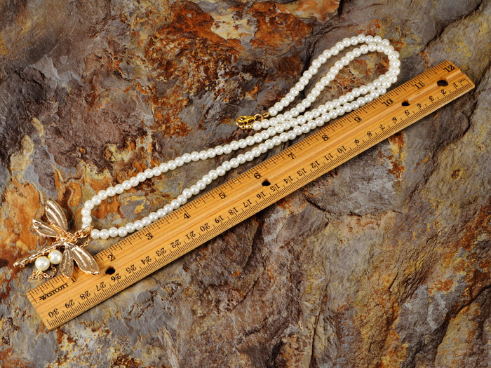 Pearl Like Beaded Cream Pastel Pink Dragonfly Insect Bridal Big Pendant Necklace