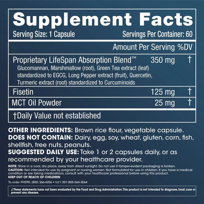 ProHealth Longevity Fisetin Pro Longevity Plus Supplement Facts