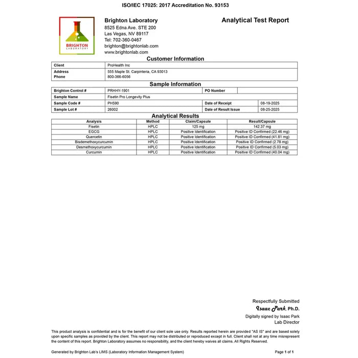 ProHealth Longevity Fisetin Pro Longevity Plus Certificate of Analysis