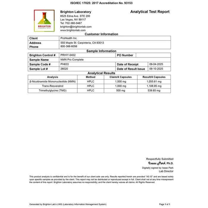 Prohealth Longevity NMN Pro™ Complete Certificate of Analysis
