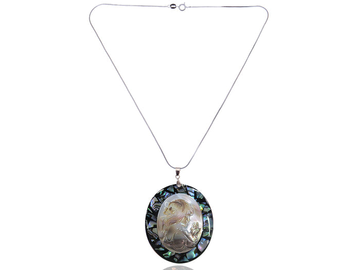 Rainbow Abalone Colored Shell Cameo Lady Princess Maiden Pendant Necklace