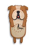 A wooden bulldog wall clock with a natural light wood face, medium brown ears and legs, and black clock hands with a small red nose detail, shown on a white background.
