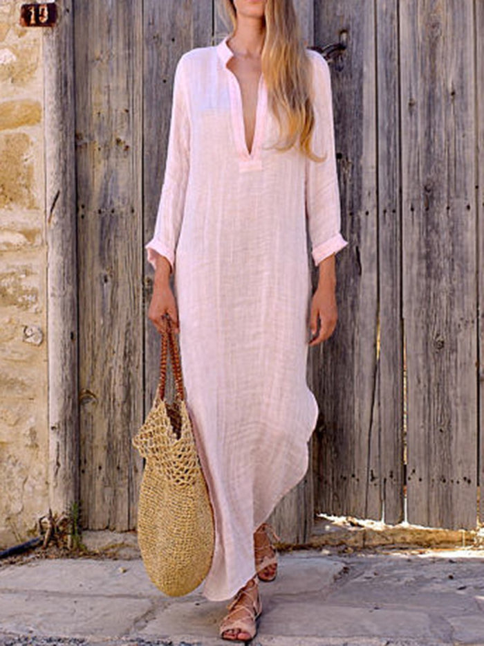 Solid Color V Neck Long Sleeve Casual Maxi Dress