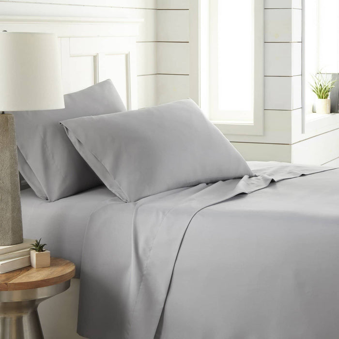 Angled view of Southshore Essentials 4-piece sheet set in steel grey showcasing smooth ultra-soft, wrinkle-resistant fabric on a made bed