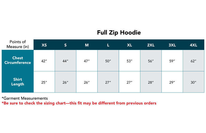 Full zip hoodie size chart with chest circumference and shirt length measurements.