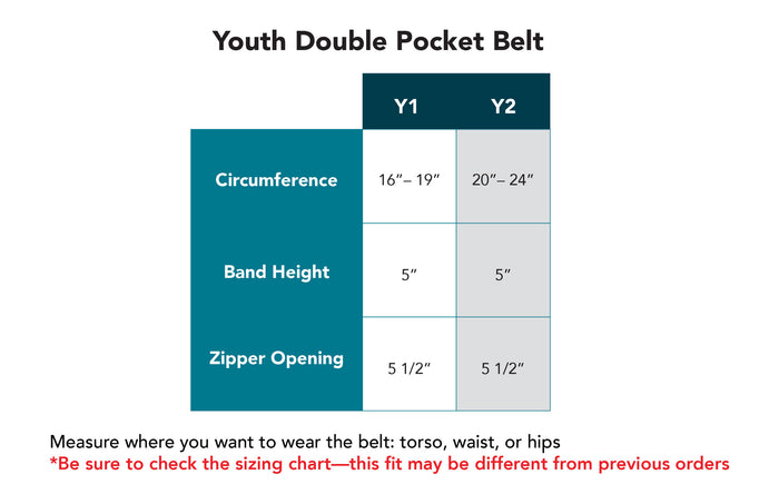 Size Chart of Youth Double Pocket Belt -- Be sure to check the sizing chart this fit may be different from previous orders