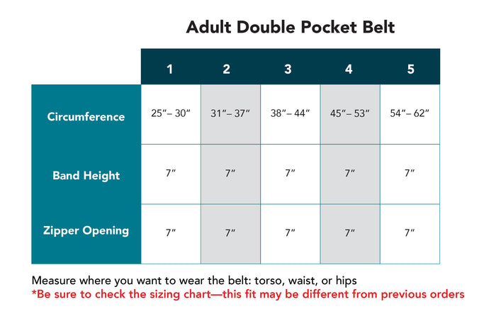 Adult Double Pocket Belt Sizing Chart
