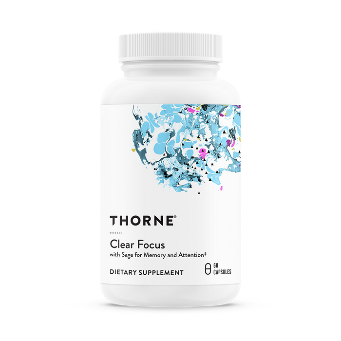 Thorne Clear Focus dietary supplement bottle with clinically formulated caffeine-free cognitive support for focus, memory, and mental clarity