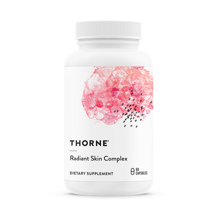 Thorne Radiant Skin Complex dietary supplement formulated to support skin hydration, elasticity, collagen integrity, and healthy skin aging from within.