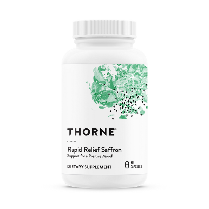 Thorne Rapid Relief Saffron dietary supplement featuring clinically studied Safr'Inside® saffron extract to support emotional well-being, a balanced stress response, and healthy sleep.