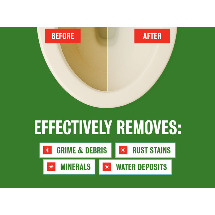 A toilet bowl split in half showing before (stained) and after (clean) results, with text: Rebel Green Toilet Bowl Cleaner naturally removes grime, rust stains, minerals & water deposits on a green background.