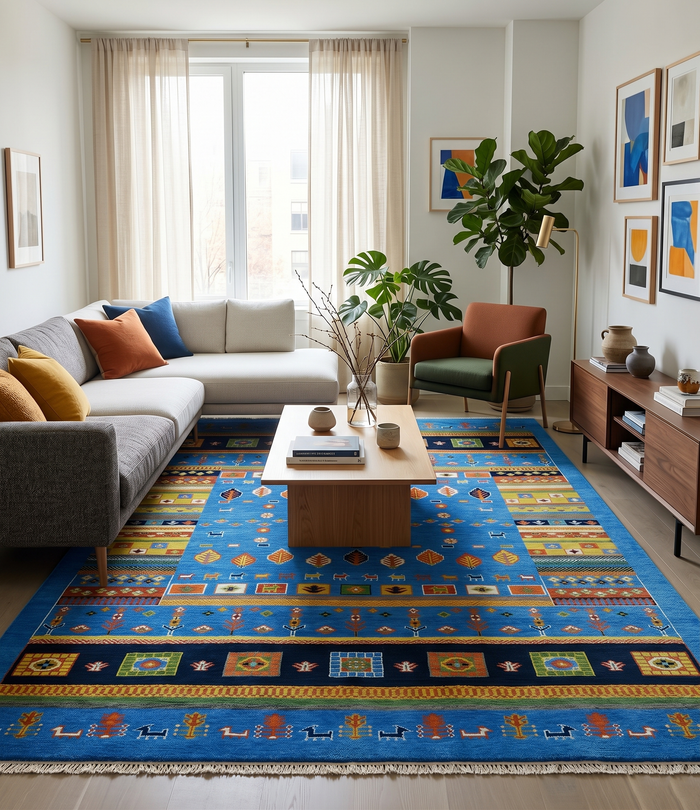 Wool area rug with blue field, tribal geometric motifs in black, green, and rust, fringe border
