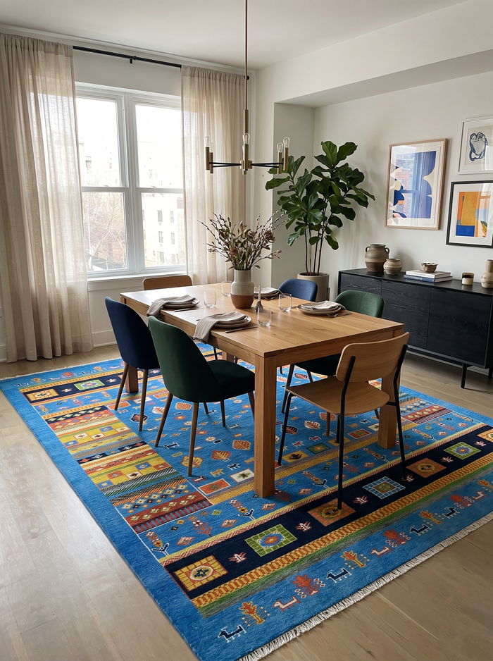 Tribal wool area rug, blue with geometric medallions in black, green, and rust, fringed edge