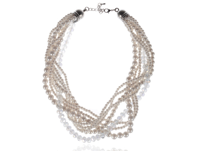 White Ivory Pearl Flapper Layered Multi Strand Long Necklace