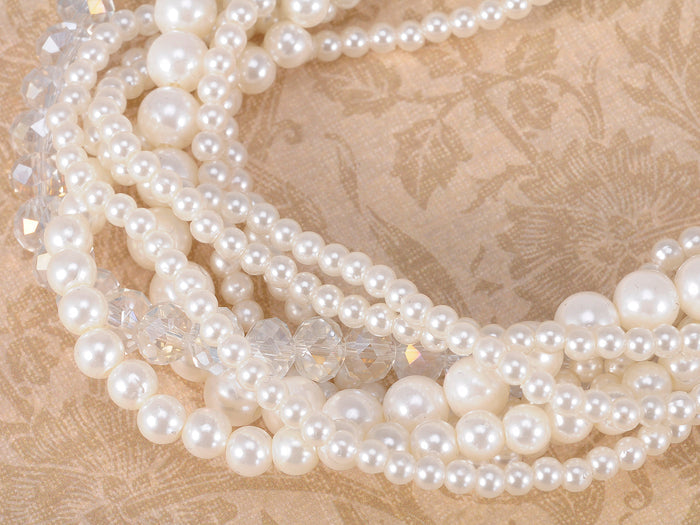 White Ivory Pearl Flapper Layered Multi Strand Long Necklace