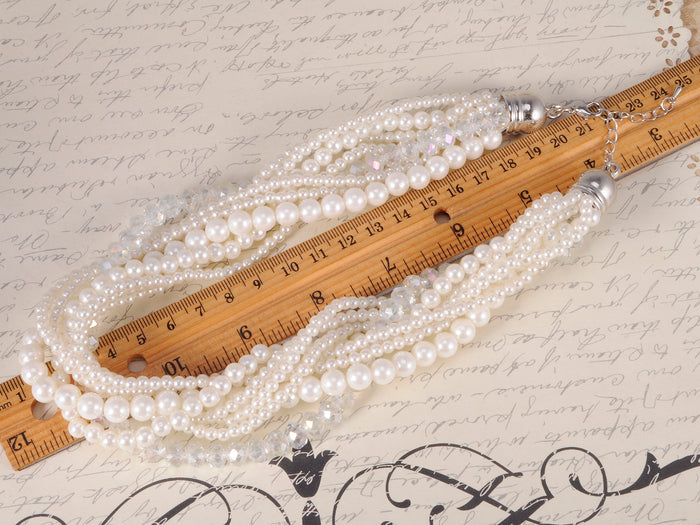 White Ivory Pearl Flapper Layered Multi Strand Long Necklace
